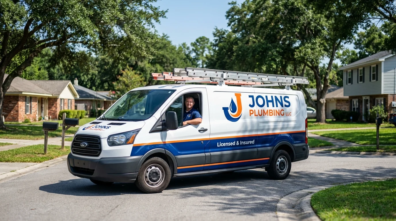 Johns Plumbing LLC service van in New London, NH