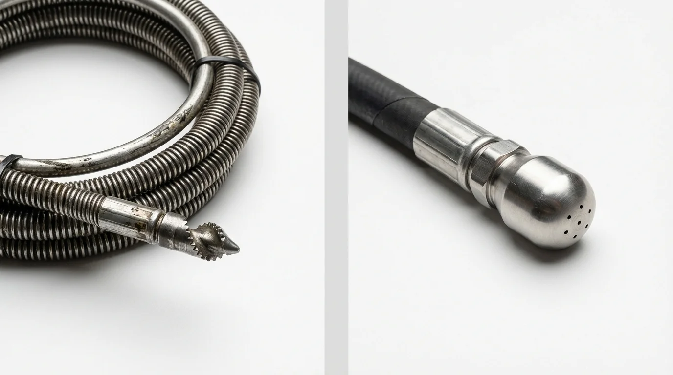 Drain snake cable and hydro jetting nozzle used for drain cleaning in New London, NH