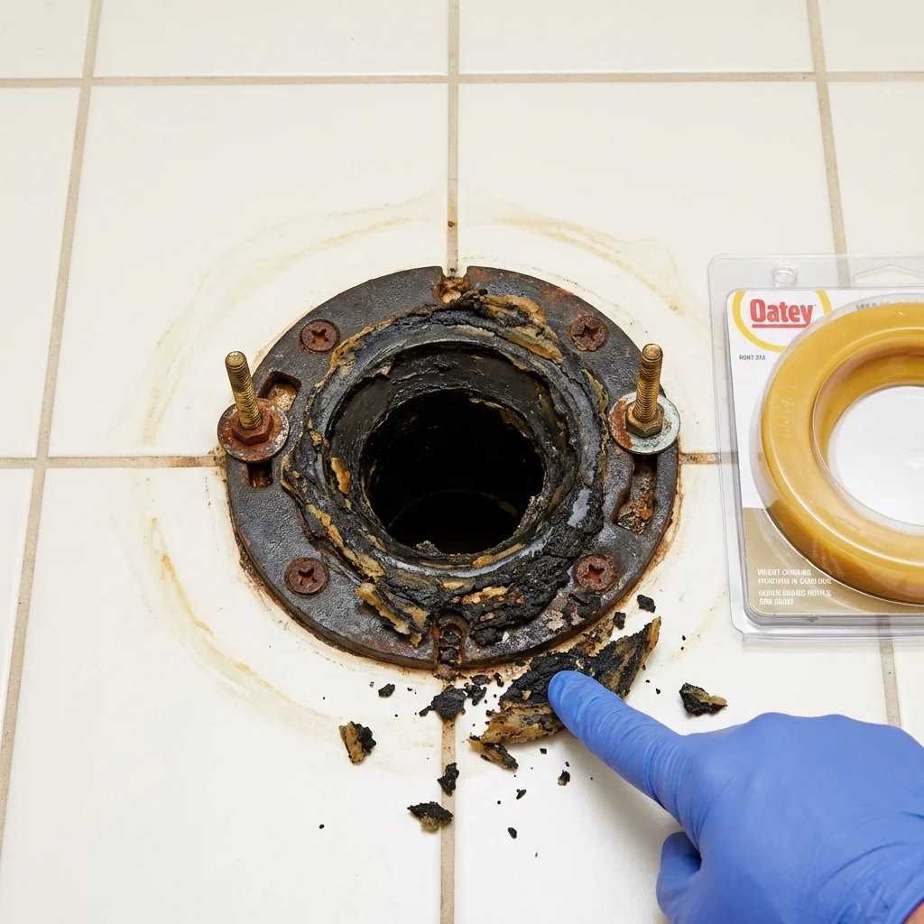 Failed wax ring showing water seepage at the base of a toilet in a New London, NH home