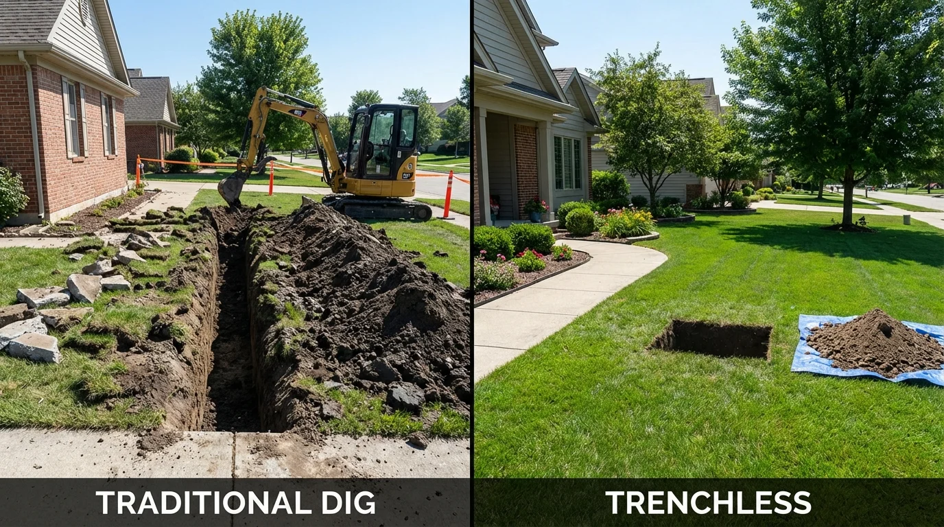 Trenchless sewer repair with minimal yard damage versus traditional excavation in New London, NH