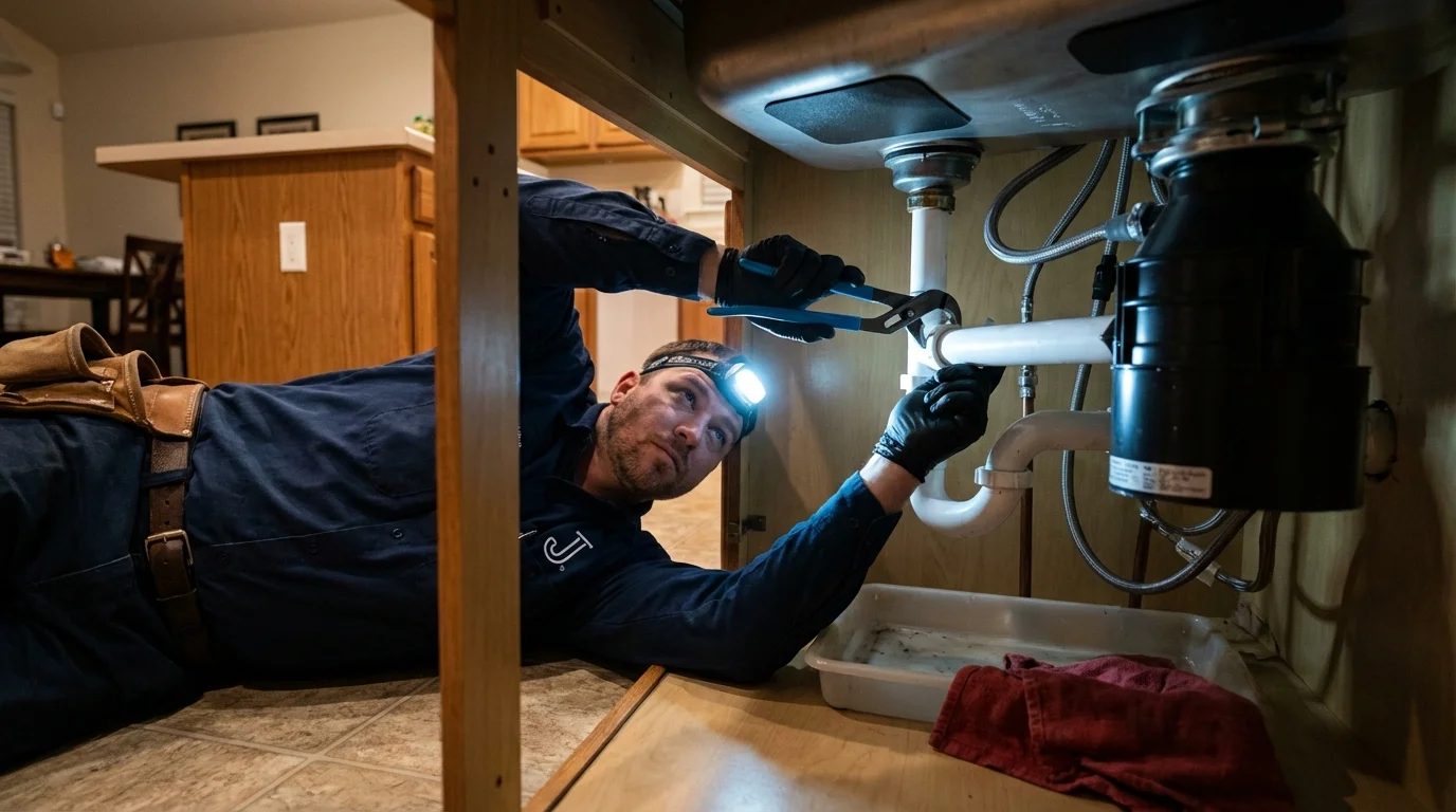 P-trap and supply line connections under a kitchen sink showing a common leak point in New London, NH